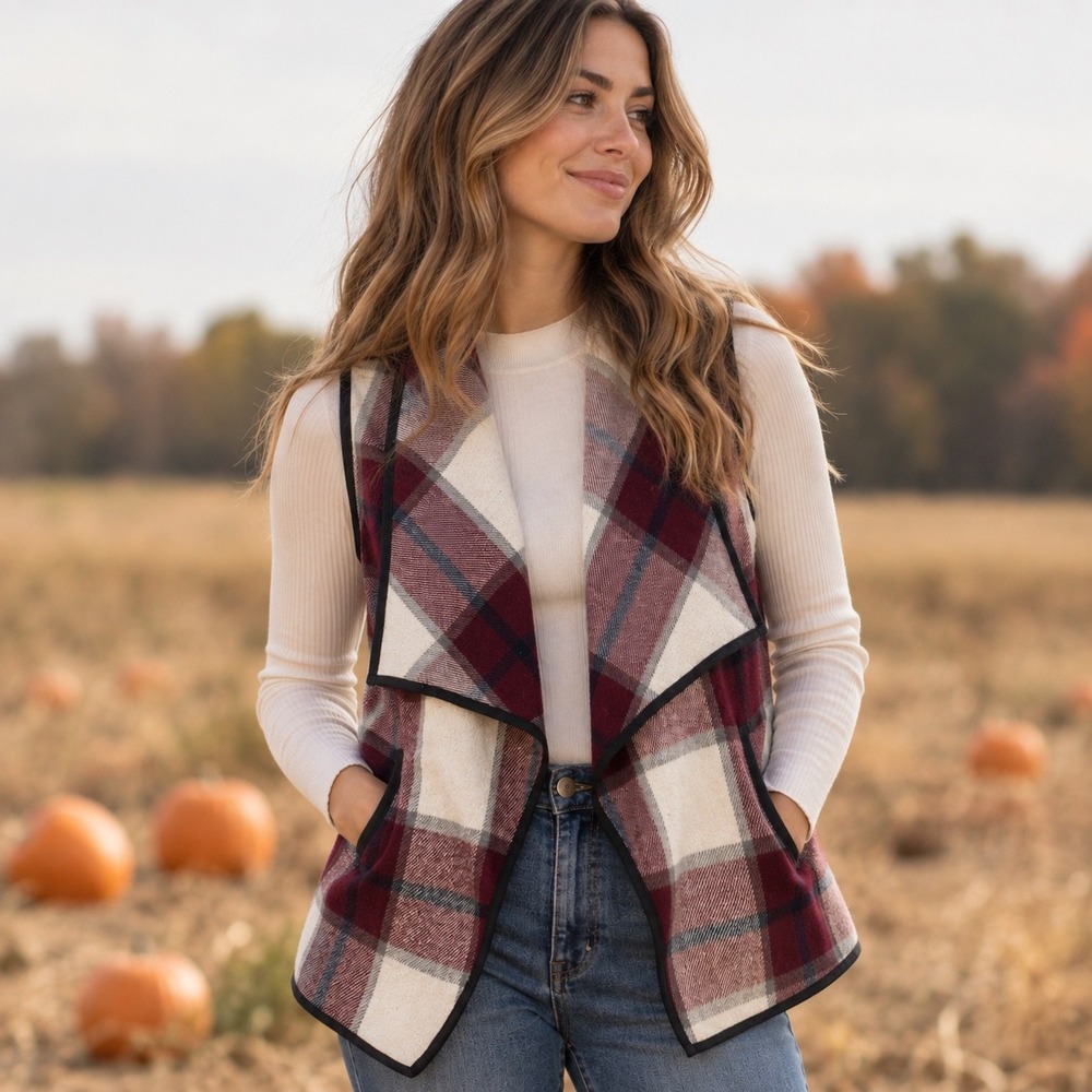 Women's Plaid Waterfall Vest One Size Red Cream Open Front Fall Layering